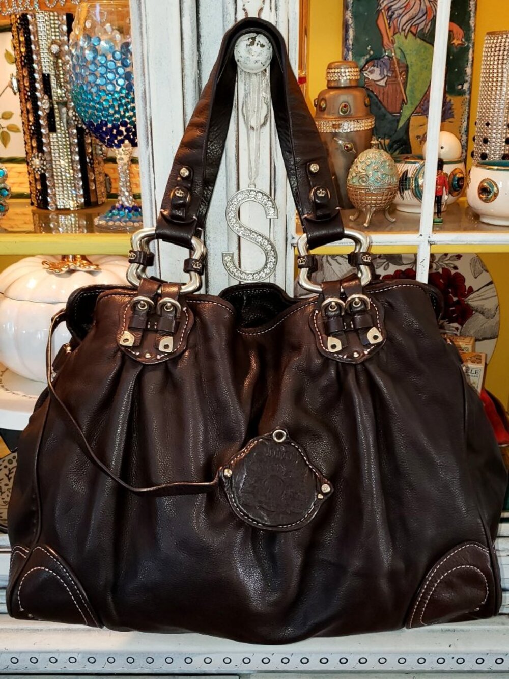 Vintage Juicy Couture Leather Hobo Handbag Dk Brown Cow Hide Large Shoulder Bag